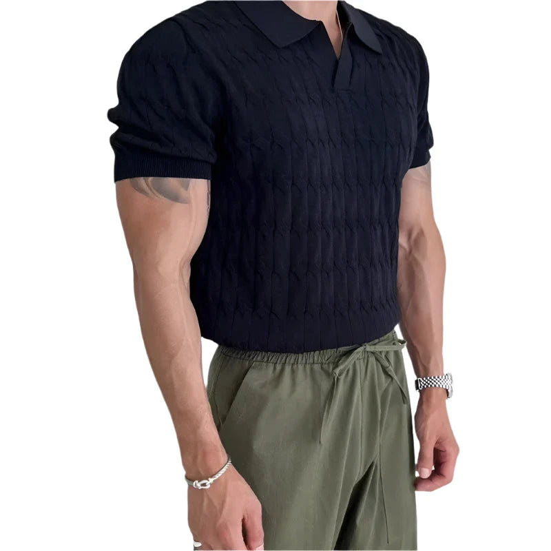 Men Knit Polo Shirt | Short Sleeves Polo Shirt | Half-Sleeved Casual Slim-Fit Top Black