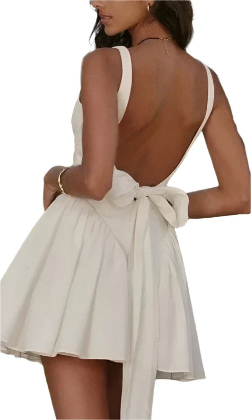 Women Mini Backless A Line Dress | Summer Bow Dress White