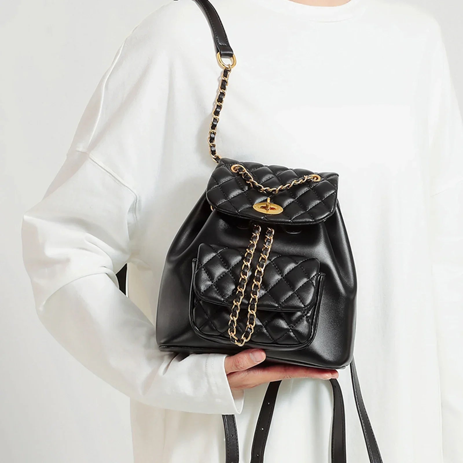 Women Leather Small Quilted Backpack | Drawstring Bag