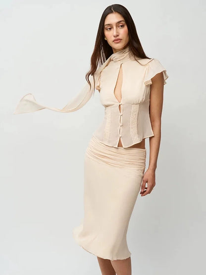 Women Summer Set | Chiffon Top | Chiffon Skirt | Midi Skirt | Short Top | Waist Cinching