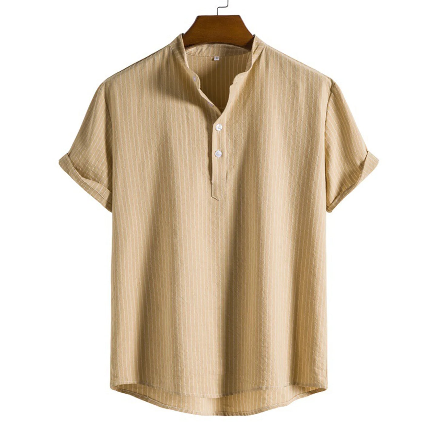 Men Casual Blouse Shirt | Linen Shirt Short Sleeve | Loose Button Top Khaki