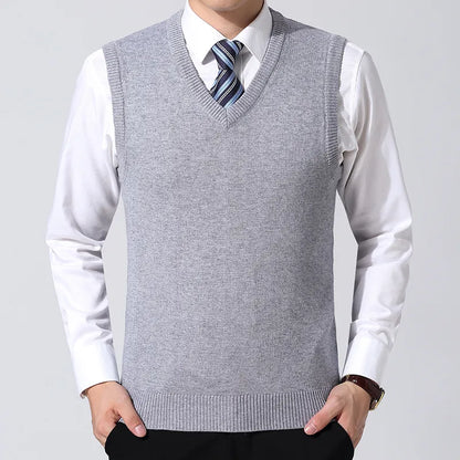 Men Knitted Cotton Sweater Vest | Casual Warm Winter V-Neck Outerwear Light Grey