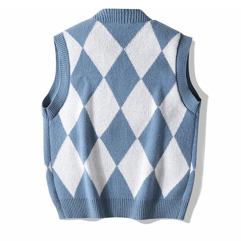 Men Plaid Sweater Vest | Sleeveless V-Neck Button Cardigan | Office Knitted Vest