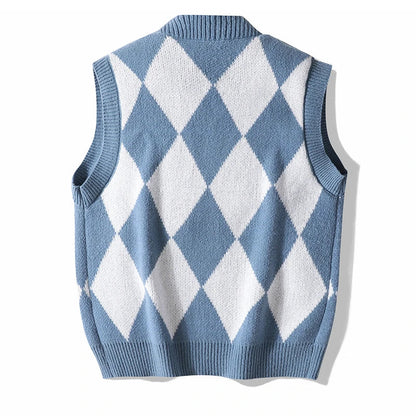 Men Plaid Sweater Vest | Sleeveless V-Neck Button Cardigan | Office Knitted Vest