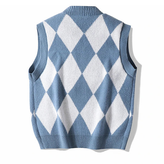 Men Plaid Sweater Vest | Sleeveless V-Neck Button Cardigan | Office Knitted Vest