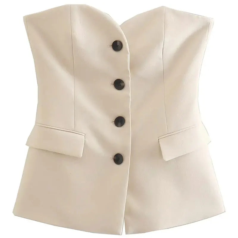 Women Solid Tube Top Pant Suit | Sleeveless Off Shoulder Top and Straight Trousers 2 Piece beige top