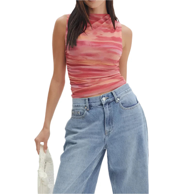 Women Casual Sleeveless Round Neck Chiffon Blouse | Chic Shirt Blouse | Summer Fitted Top Red