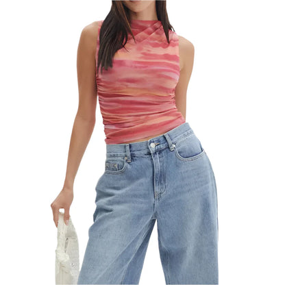 Women Casual Sleeveless Round Neck Chiffon Blouse | Chic Shirt Blouse | Summer Fitted Top Red