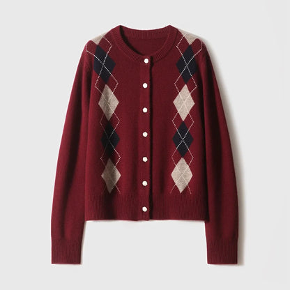 Women Argyle Cashmere Knitted Cardigan | Diamond Check Sweater | Wool red