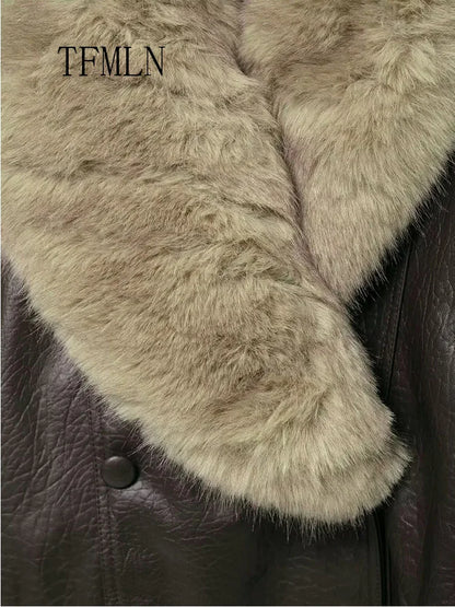 Women Winter Loose Leather Fur Jacket | Big Fur Collar | Casual Coat | Double Breasted