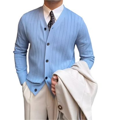Men Elegant Button Down Cardigan | British Style Long Sleeve Knitted Sweater blue