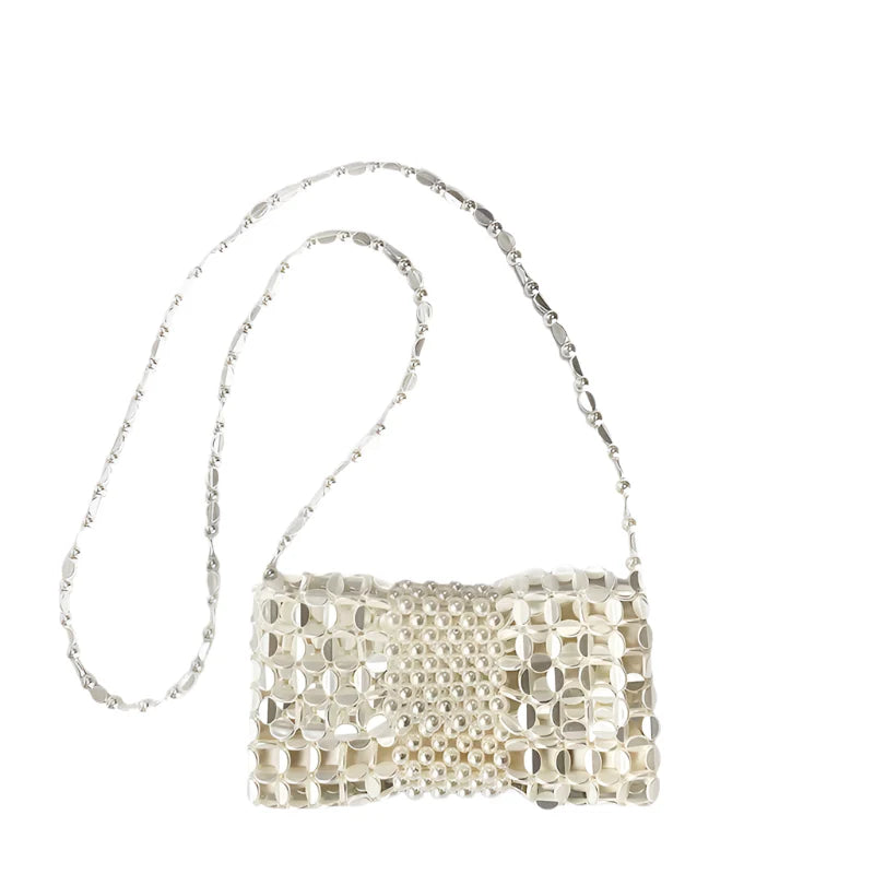 Women Gold Woven Chain Crossbody Bag | Handmade Beaded Bag White