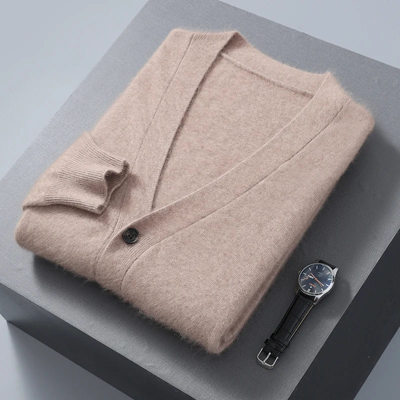 Men Mink Cashmere Warm Cardigan | Casual Loose V-Neck Knit Coat Camel