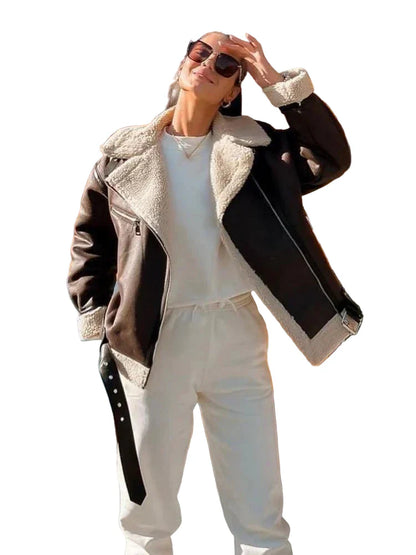 Women Dark Brown Shearling Leather Jacket | Classic Fur Leather Jacket | Long Sleeve Moto Biker Zipper
