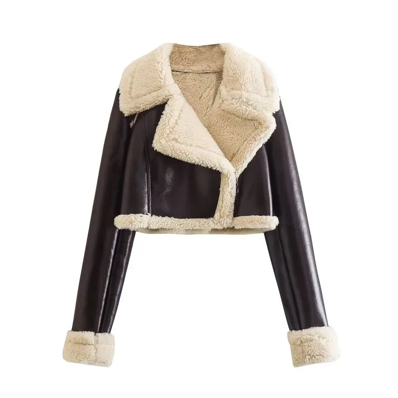 Women's Vintage Cropped Fur Leather Jacket Brown