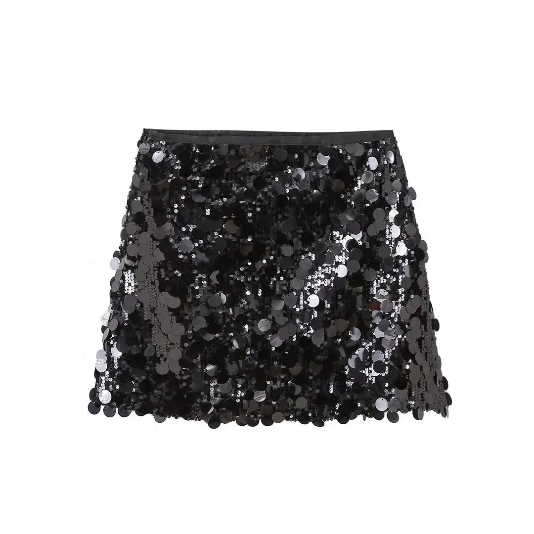 Women Summer Sequined Mini Skirt | Vintage High Waist Skirt Black