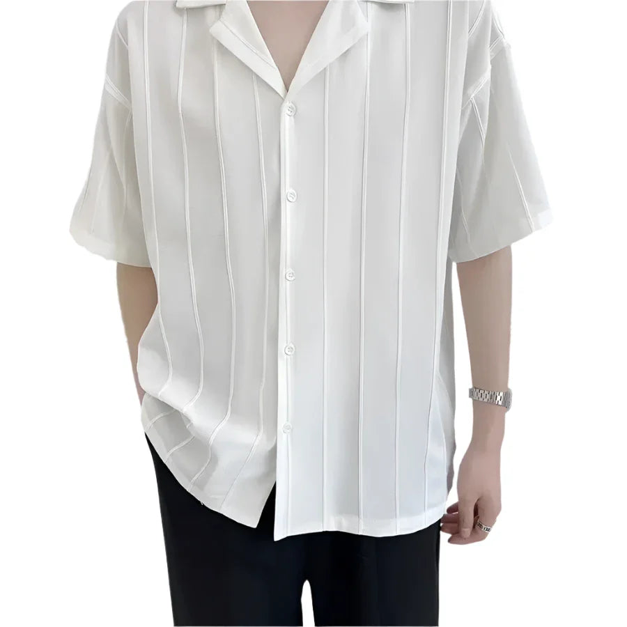 Men Plain Striped Button Down Shirt | Short Sleeves White