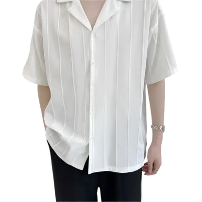 Men Plain Striped Button Down Shirt | Short Sleeves White