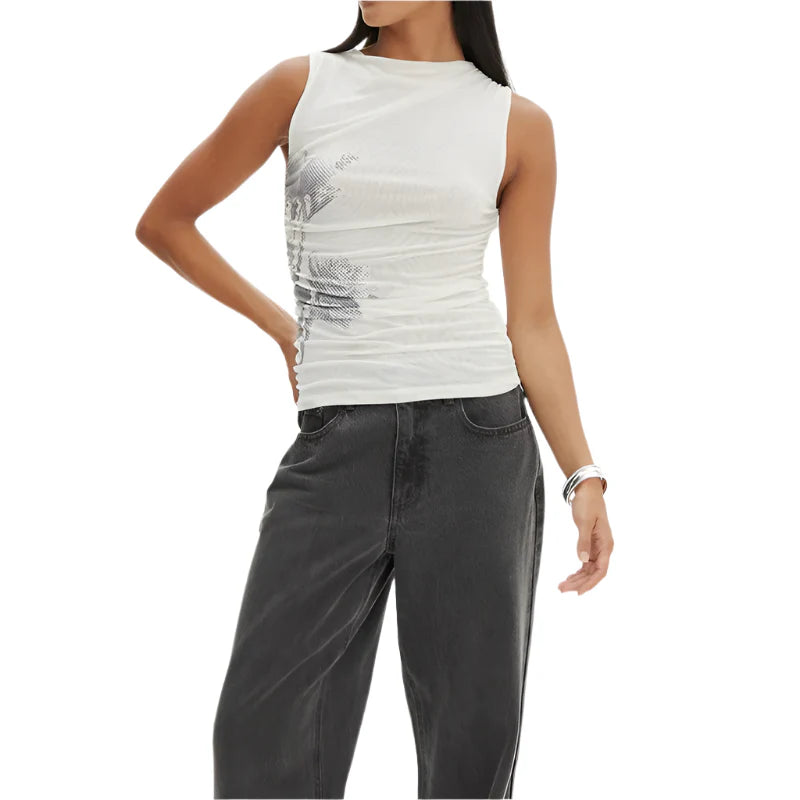 Women Casual Sleeveless Round Neck Chiffon Blouse | Chic Shirt Blouse | Summer Fitted Top white Gray