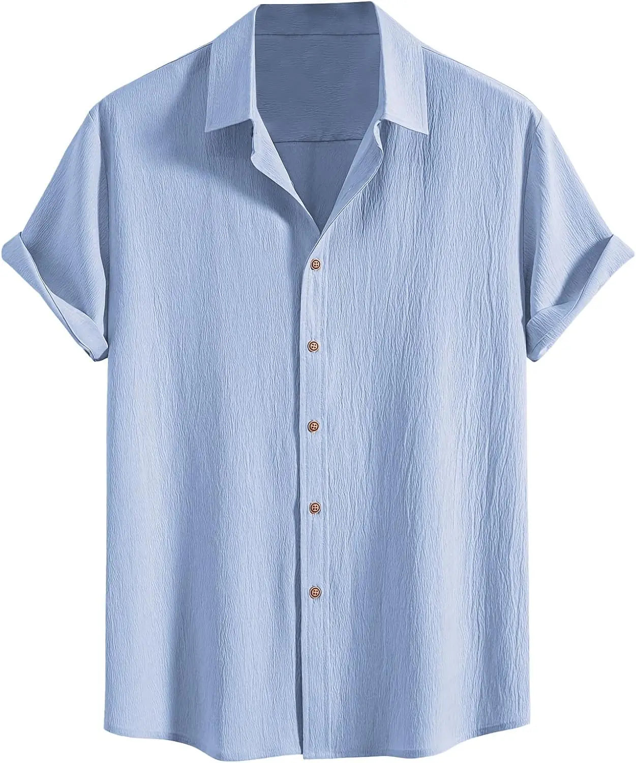 Men Cotton Wrinkle Textured Button Down Shirt | Casual Beach Hawaiian Summer Shirt Blue