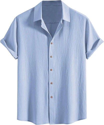 Men Cotton Wrinkle Textured Button Down Shirt | Casual Beach Hawaiian Summer Shirt Blue