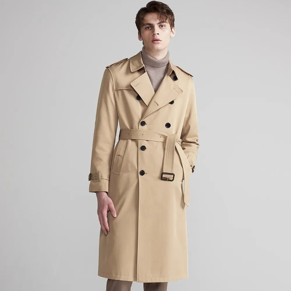 Men Long Trench Coat with Belt | Double Breasted | Elegant | Luxury British Style | Overcoat | Long Coat Khaki