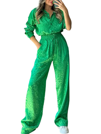 Women Satin Shirt and Wide Leg Trousers Suit | 2 Piece Leopard Print Set | Pajamas Set Green
