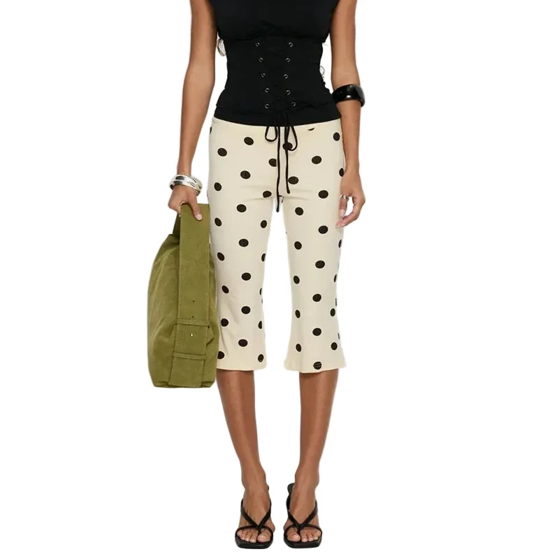 Women Vintage Polka Dot Capri Pants | High Waist | Slim Fit | Cropped Pants | Trousers | Y2K