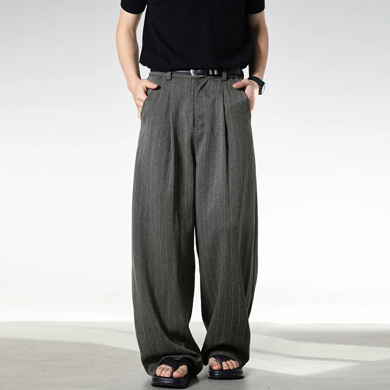 Men Classic Striped Pleated Wide Leg Trousers | Baggy | Straight | Dress Pants | Business