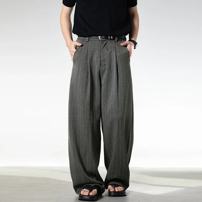 Men Classic Striped Pleated Wide Leg Trousers | Baggy | Straight | Dress Pants | Business