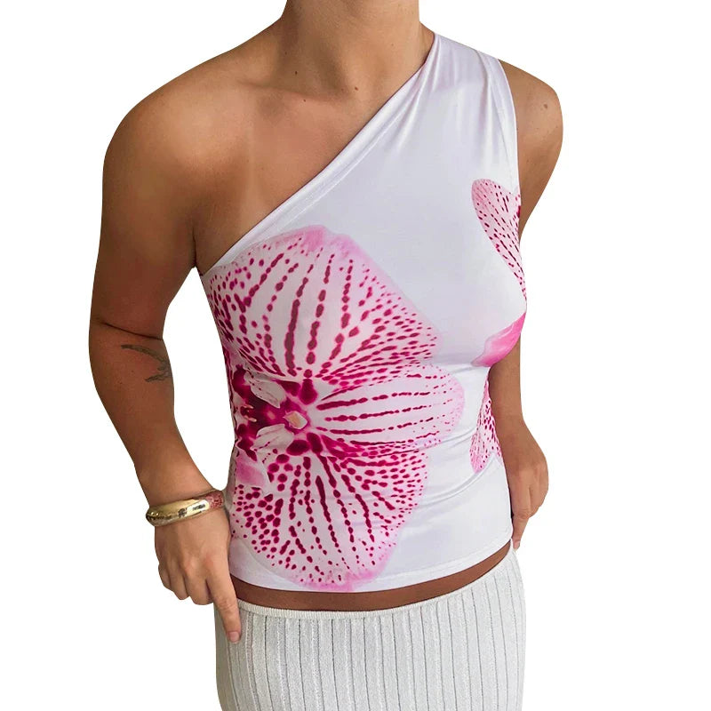 Women Floral Print Fitted Top | One Shoulder | Backless Tank Top | Summer Top White
