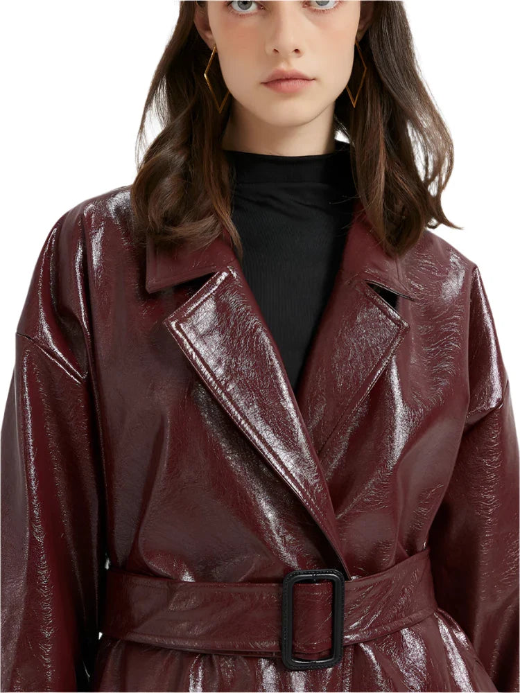 Women Leather Trench Coat With Belt | Extra Long Cherry Red Leather Coat