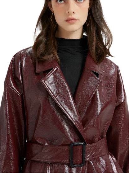 Women Leather Trench Coat With Belt | Extra Long Cherry Red Leather Coat
