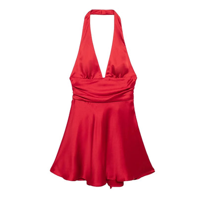 Women Satin Halter Mini Dress | Off Shoulder Backless Short Party Dress Red