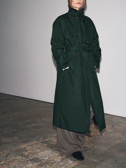 Women Dark Green Trench Coat | Long Coat | Loose | Autumn | Belted