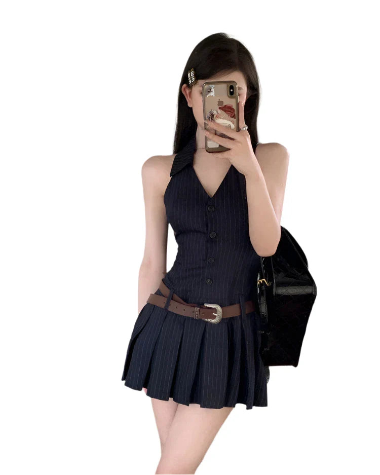 Women Navy Blue Halter Backless Mini Pleated Dress | Short Striped Sleeveless Dress