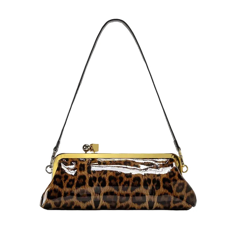 Women Leather Kiss Lock Bag | Long Clutch Bag | Luxury Shoulder Bag | Elegant Party Purse | Underarm Bag Leopard