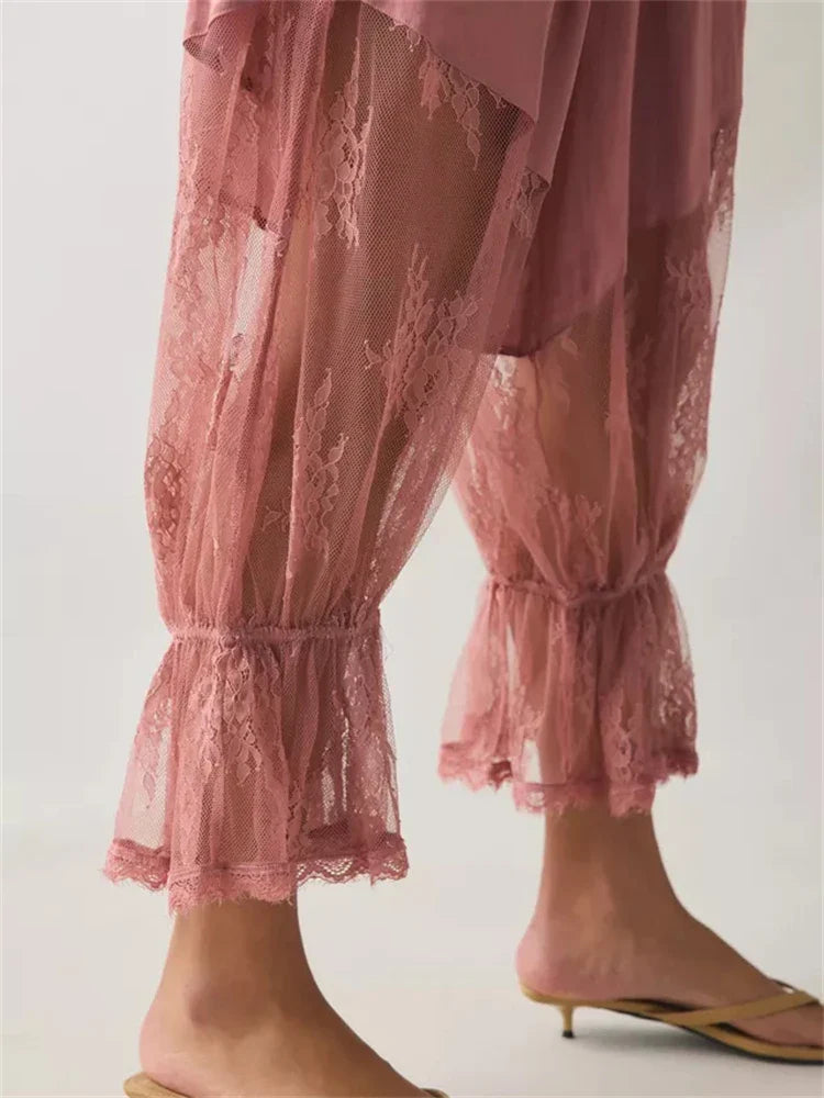 Women Loose Fit Bloomers Cropped Pants | High Waist | Floral Lace | Lantern Trousers