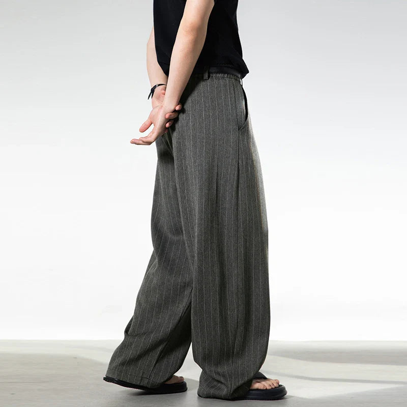 Men Classic Striped Pleated Wide Leg Trousers | Baggy | Straight | Dress Pants | Business