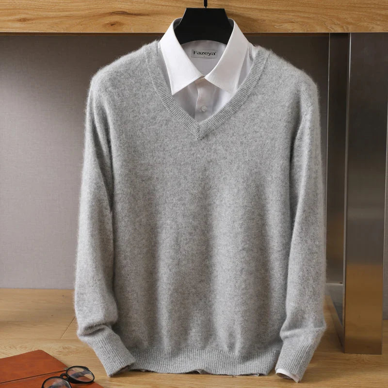Men Cashmere V-Neck Pullover | Cashmere Knitted Sweater | Mink Winter Long Sleeve Top Light Grey