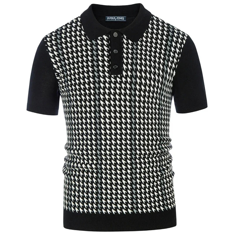 Men Classic Houndstooth Knitted Polo Shirt | Crochet Knit Polo Collar | Short Sleeve Pullover White