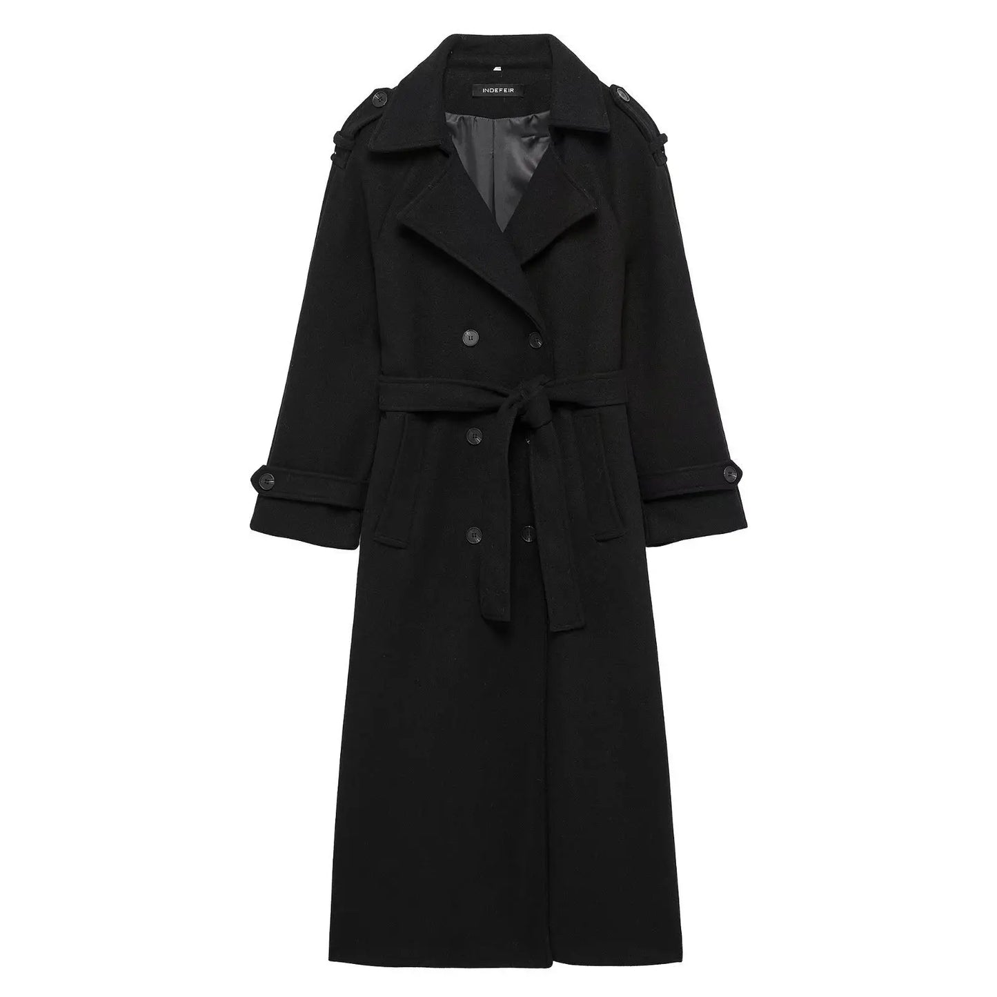 Women Burgundy Overcoat with Belt | Warm Winter Trench Coat Black