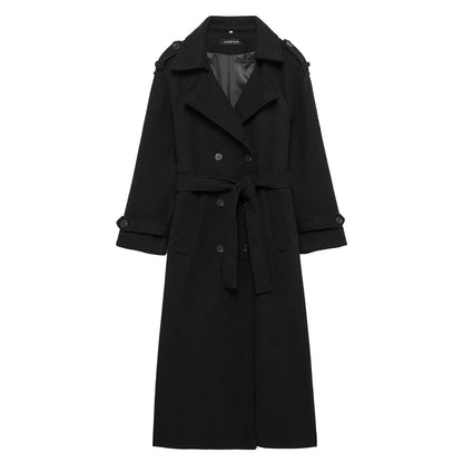 Women Burgundy Overcoat with Belt | Warm Winter Trench Coat Black