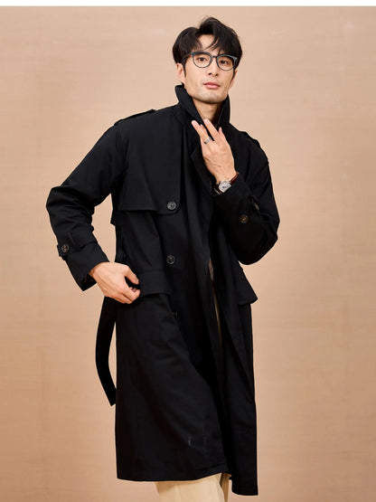Men Long Trench Coat | Double Breasted | British Style | Spring | Autumn Black
