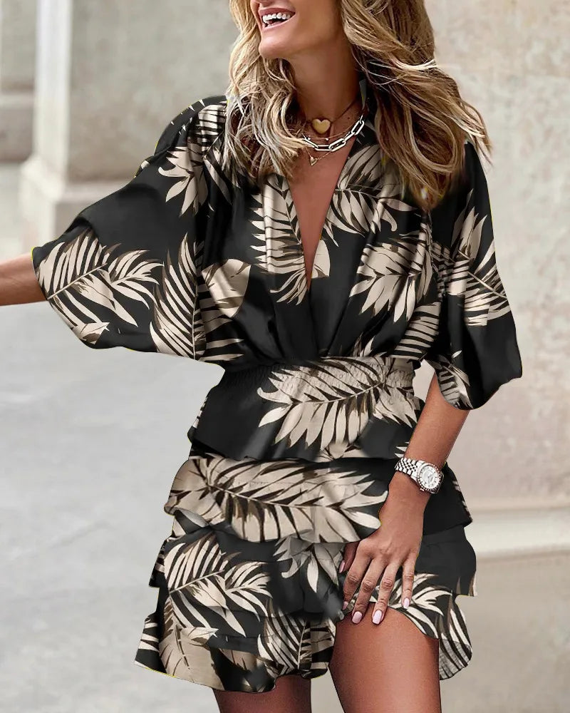 Luna | Women's Printed Ruffle Mini Dress V-Neck Smocked Waist Boho Dress