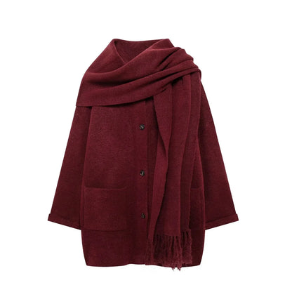 Women Winter Loose Knitted Coat with Scarf | Straight Cut | Long Sleeves | Warm Cardigan Wine red