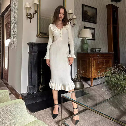 Women Knitted Ruffled Long Dress | V-Neck Summer Vintage Dress White