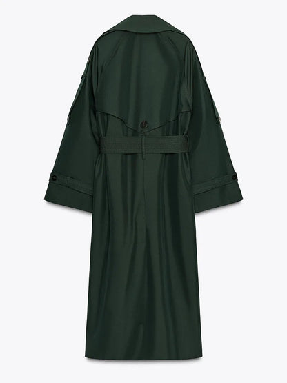 Women Dark Green Trench Coat | Long Coat | Loose | Autumn | Belted