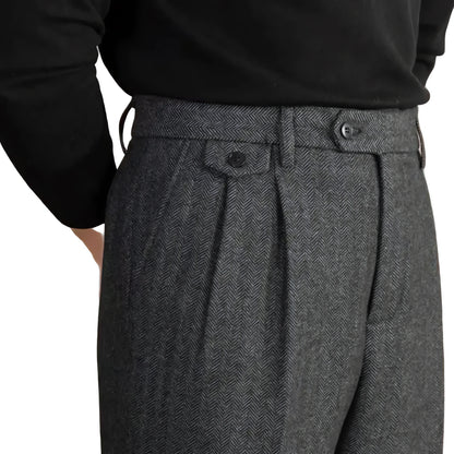 Men High-Waisted Woolen Pants | Herringbone | Italian Vintage Pants | Suit Pants | Warm | Straight Fit