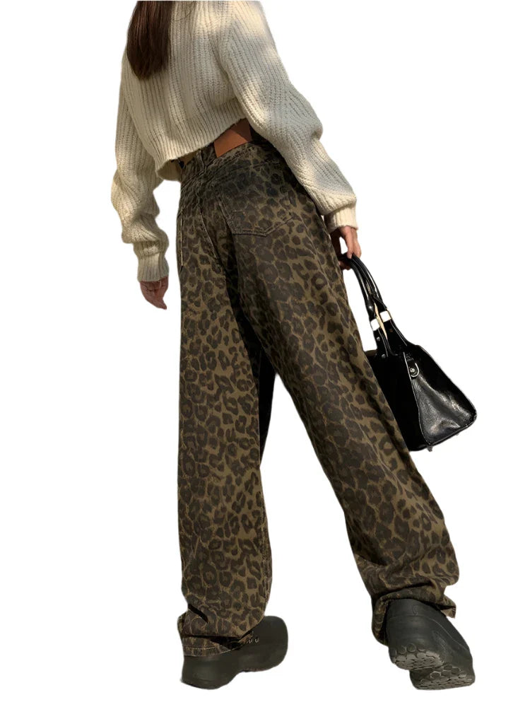 Women Leopard Jeans | Cheetah Jeans | High Waisted Baggy Wide Leg Denim Pants | Cheetah Pants